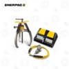 Enerpac LGHS310A Air-Driven Lock Grip Puller Sets | E-Shop Bearings Specialist Enerpac hydraulic bearing puller set with two-arm puller, hand pump, pressure gauge, and yellow/black case.