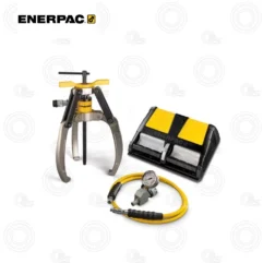 Enerpac hydraulic bearing puller set with two-arm puller, hand pump, pressure gauge, and yellow/black case.