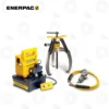 Enerpac LGHS310EB Lock Grip Puller Sets - 115V | E-Shop Bearings Specialist Enerpac hydraulic power unit with a puller attachment and yellow control handle, plus a pressure hose.