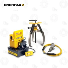 Enerpac hydraulic power unit with a puller attachment and yellow control handle, plus a pressure hose.