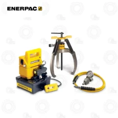 Enerpac hydraulic pump with a yellow control unit and a separate yellow hose gauge, plus a heavy-duty puller set with three legs for pulling parts apart.