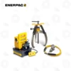Enerpac LGHS314EB Lock Grip Puller Sets - 115V | E-Shop Bearings Specialist Enerpac hydraulic puller kit with a yellow hand pump, overhead screw puller, and pressure gauge hose set on white background