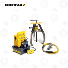 Enerpac hydraulic puller kit with a yellow hand pump, overhead screw puller, and pressure gauge hose set on white background