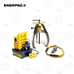 Enerpac hydraulic pump and control unit with a three-jaw puller and gauge hose, part of a hydraulic lifting/pulling kit
