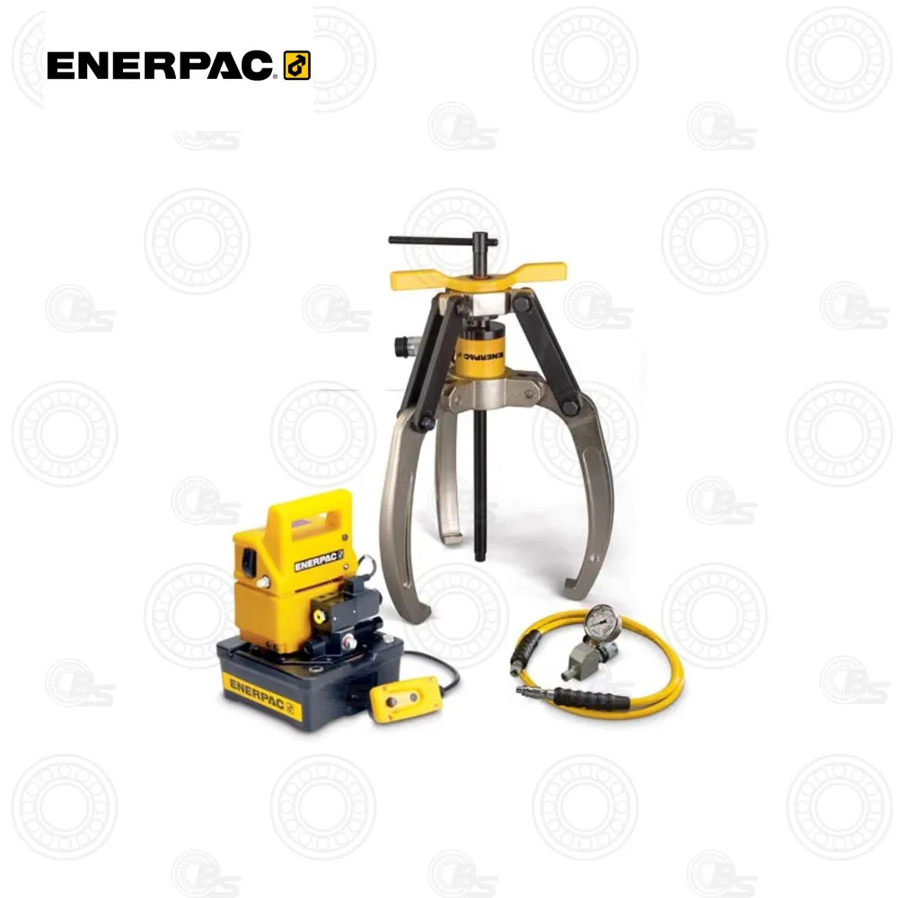 Enerpac LGHS324EE Lock Grip Puller Sets – 230V | E-Shop Bearings Specialist Enerpac hydraulic bolt tensioning kit with yellow pump, hose, and two-armed clamp centered by a pull rod.