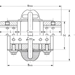 Cross-sectional technical drawing of a valve with bolts, showing dimensions and mounting holes for assembly.