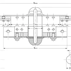 Cross-sectional technical drawing of a symmetrical clamp/bearing housing with a central through slot, end blocks, bolts, and mounting feet. Dimension labels show Bmax, Bmin, A, N, Cmax, Cmin, with side views X1/Y1 and X2/Y2 indicating hole diameters D1, D2 and their offsets.
