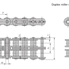 Technical drawing of a duplex roller chain with bushing chain, showing top, side, and end views with dimension labels (P, h2, L, d1, d2).