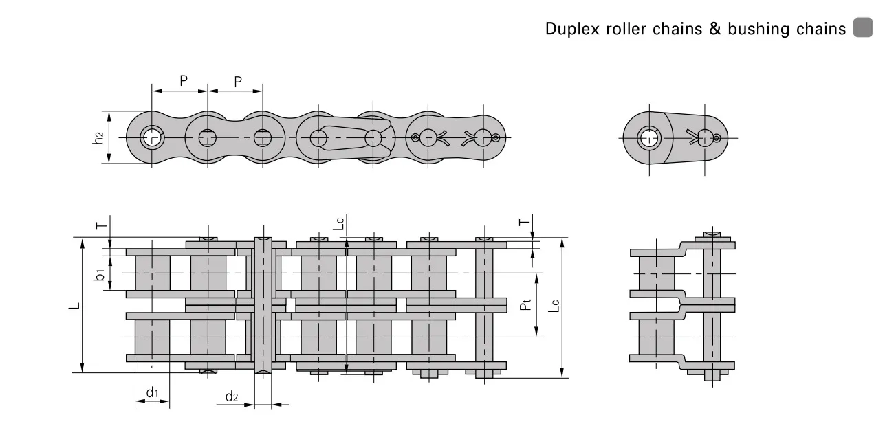 Engineering-Drawing-duplex-roller-chain-bushing-chain | E-Shop Bearings Specialist Technical drawing of a duplex roller chain with bushing chain, showing top, side, and end views with dimension labels (P, h2, L, d1, d2).