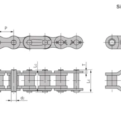Technical drawing of a simplex roller chain showing top, side, and end views with labeled dimensions (pitch P, length L, plate heights, and pin dimensions)