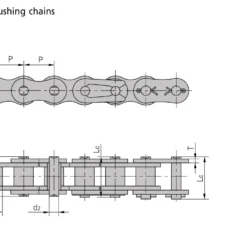 Technical drawing of a simplex roller chain with multiple views and dimension lines (P, h2, d1, d2, L, Lc)