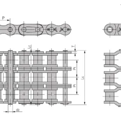 Technical drawing of a triplex roller chain with top, side, and end views and labeled dimensions (P, h2, L, t, b1, Pt, Pc, d1, d2).