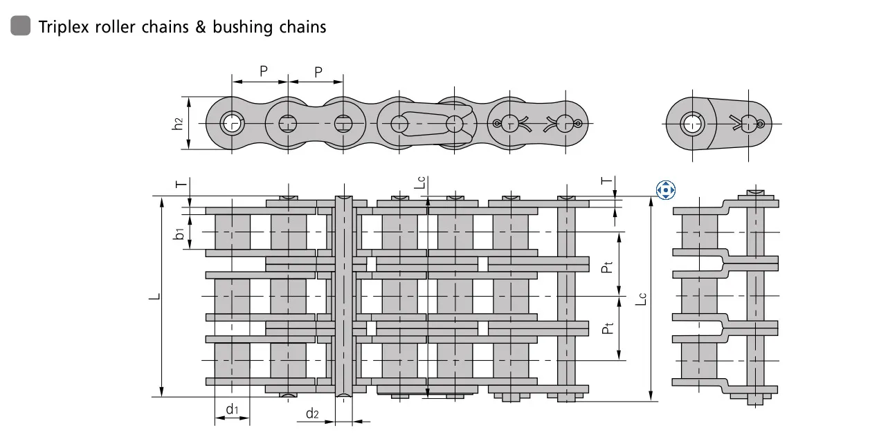Engineering-Drawing-triplex-roller-chain-bushing-chain | E-Shop Bearings Specialist Technical drawing of a triplex roller chain and bushing chain with top, side, and end views and labeled dimensions (P, L, d1, d2, b1, b2).