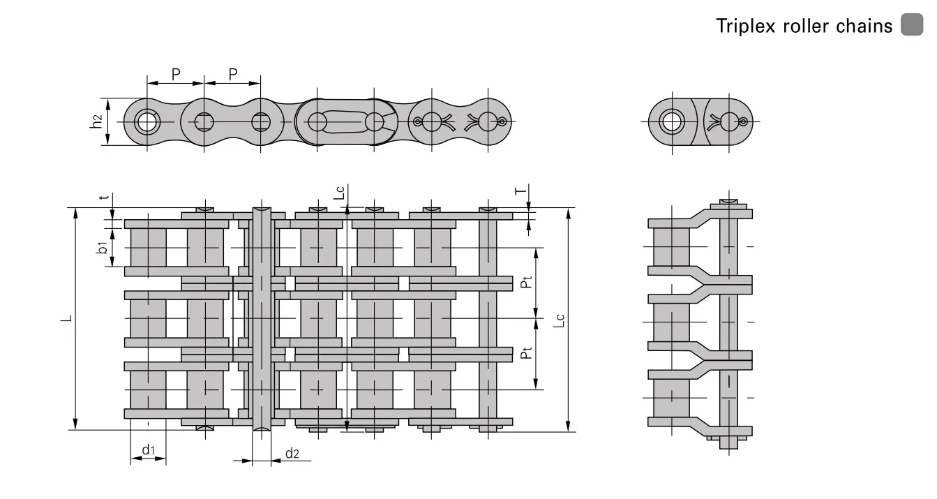 Engineering-Drawing-triplex-roller-chain | E-Shop Bearings Specialist Technical drawing of a triplex roller chain with top, side, and end views and labeled dimensions (P, h2, L, t, b1, Pt, Pc, d1, d2).