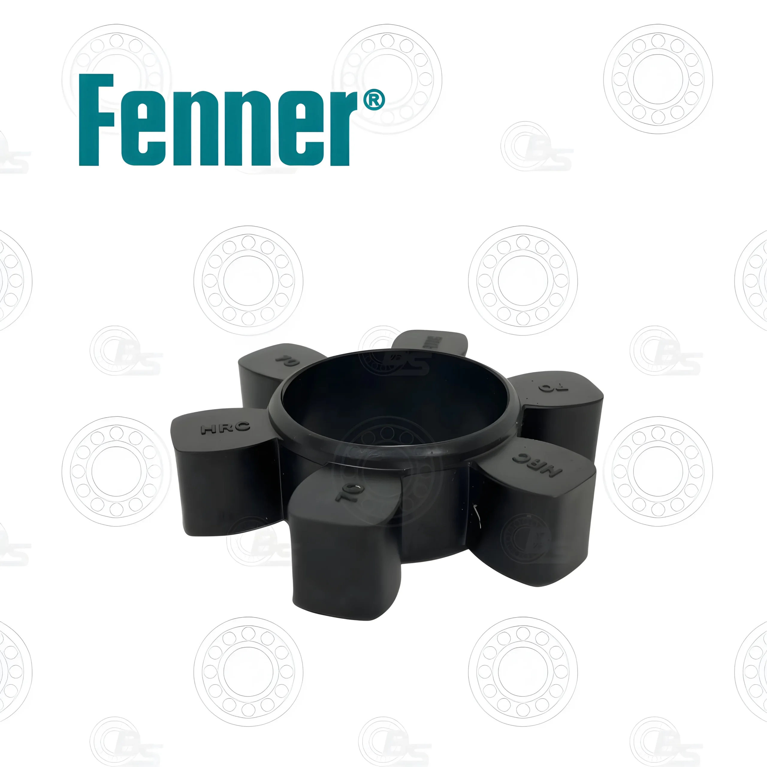 FENNER-HRC-ELEMENT Bearings Specialist | E-Shop Bearings Specialist Close-up of a black circular mounting base with curved arms on a white background marked by faint circular gear graphics.