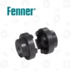 FENNER-HRC-HUB-TYPE-B-HUB Bearings Specialist | E-Shop Bearings Specialist Close-up of a black plastic mechanical clamp with two interlocking circular parts against a white background with faint bearing-style ring illustrations behind it.