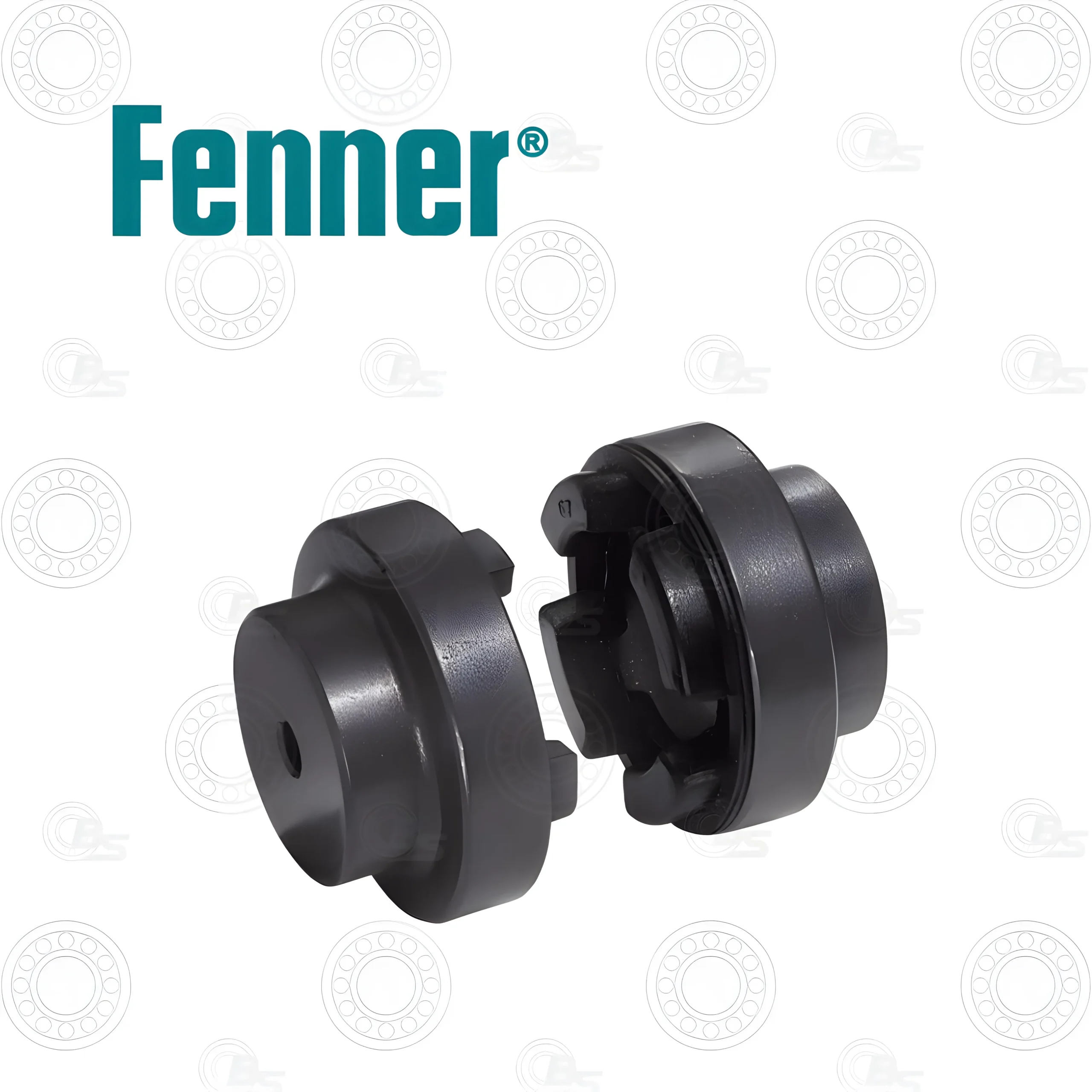 FENNER-HRC-HUB-TYPE-B-HUB Bearings Specialist | E-Shop Bearings Specialist Close-up of a black plastic mechanical clamp with two interlocking circular parts against a white background with faint bearing-style ring illustrations behind it.