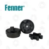 Fenner HRC Jaw Coupling Type F H with Taper Lock BushBearings Specialist | E-Shop Bearings Specialist Black circular mounting parts and clamps arranged on a white background with a faint gear-pattern watermark behind them.
