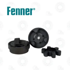 Black circular mounting parts and clamps arranged on a white background with a faint gear-pattern watermark behind them.