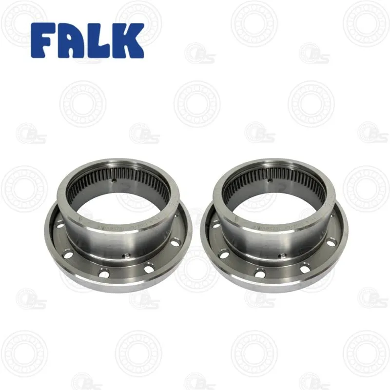 REGALREXNORD FALK GEAR COUPLING FLEX SLEEVE | E-Shop Bearings Specialist Two silver flanged bearings with bolt holes, shown side by side on a white background.