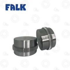 Two metallic gears with external teeth, one flat and one tilted, on a white background with Falk branding