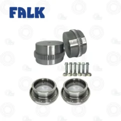 FALK wheel hub bearing kit: two large metallic hub gears, two circular bearing flanges, and eight mounting bolts.