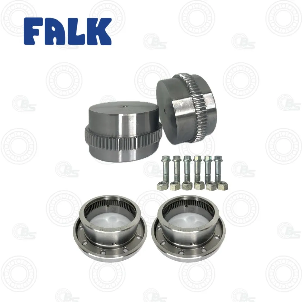 REGALREXNORD FALK Lifelign Gear Couplings | E-Shop Bearings Specialist FALK wheel hub bearing kit: two large metallic hub gears, two circular bearing flanges, and eight mounting bolts.