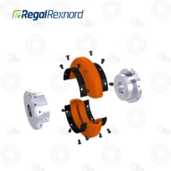 Exploded view of a brake shoe assembly with orange shoes, black supports, and silver hubs.
