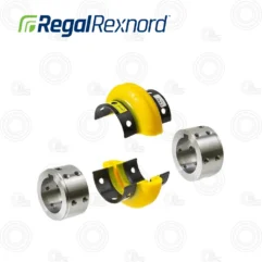 Regal Rexnord logo above disassembled bearing sleeves and flange hubs: two silver collars and a yellow split sleeve