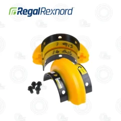 Yellow industrial bearing guard or shield set with mounting holes and screws, used to cover and protect a rotating shaft assembly