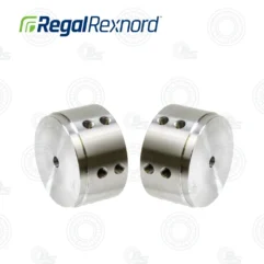 Two silver metal shaft coupling hubs with four threaded holes each, facing each other.