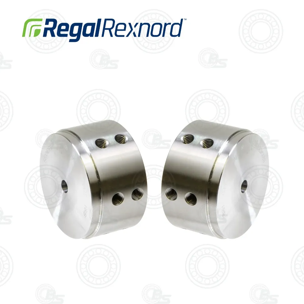 REGALREXNORD VIVA HRB V-VS Series HUB | E-Shop Bearings Specialist Two silver metal shaft coupling hubs with four threaded holes each, facing each other.