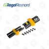 Product photo of a black perforated shaft coupling with yellow clamps, disassembled with small black spacers beside it; Regal Rexnord logo in the corner.