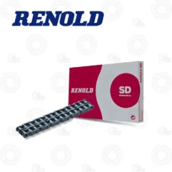 RENOLD STANDARD DUTY SD CHAIN-DUPLEX-BS_shop bearingsspecialist | E-Shop Bearings Specialist Renold SD Standard Duty roller chain displayed in front of its pink and white packaging box.