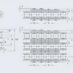 Technical drawing of roller chain with labeled dimensions (A,B,C,D,E,F,G,H,B1) and multiple link configurations, for sizing and compatibility.