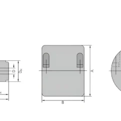 Three-view technical drawing of a chain coupling with bolts and dimensional labels (left side view, central block, right circular flange).