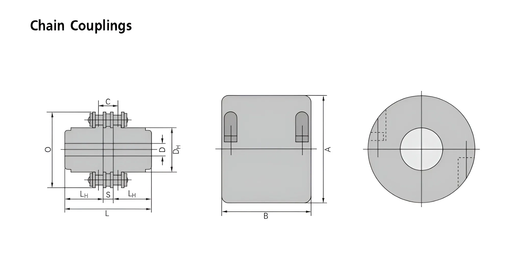 AYA chain coupling Drawing_shop_bearingsspecialist | E-Shop Bearings Specialist Three-view technical drawing of a chain coupling with bolts and dimensional labels (left side view, central block, right circular flange).