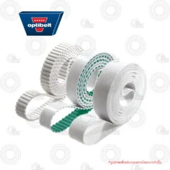 Assorted white timing belts with green toothed inner surfaces, curled, and a blue Optibelt logo in the top-left corner.